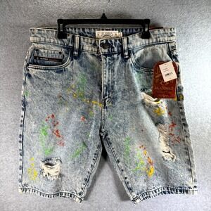 Akademiks Jean Shorts Mens Size‎ 36 Blue Denim Distressed Paint Splatter Jeanius